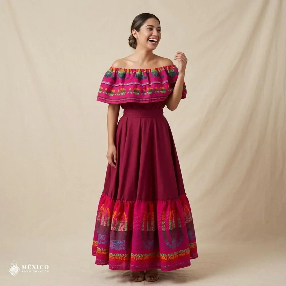 Traditional Mexican 3-Piece Cambaya Dress Set with Matching Rebozo Handmade